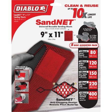 Diablo SandNet 9'' x 11'' 80/120/220 Grit Reusable Sandpaper Assortment, 5PK DND911ASTH05G