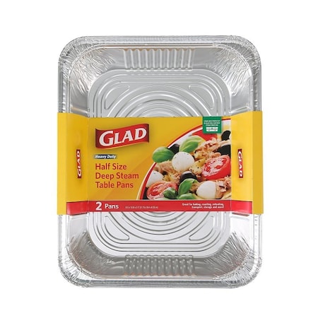 Glad Disposable Steam Pan, Aluminum, Silver, 12-1/2 in L, 10-1/4 in W, 2-1/2 in H, Dishwasher Safe: No BBP19935