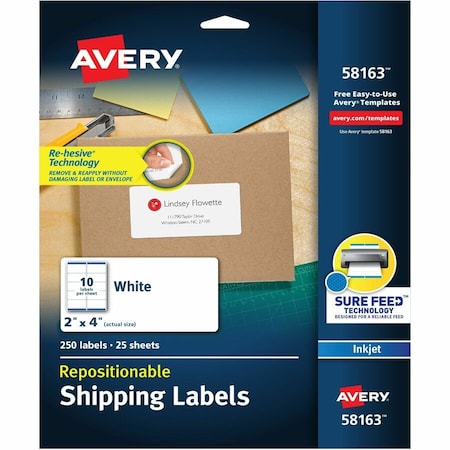 Avery Repositionable Shipping Labels for Laser Printers, 2 x 4, White, 250/Box 58163