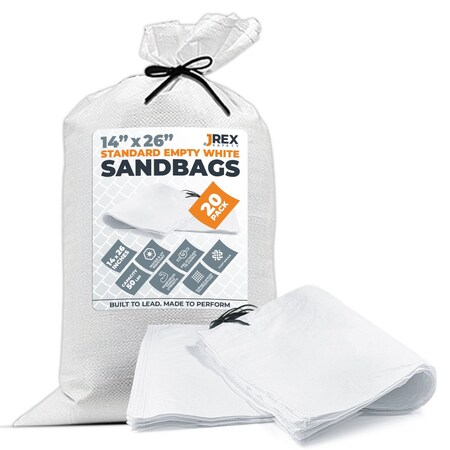 Jrex Safety Woven White Polypropylene Sandbags - 14 x 26 in, 50 lb Capacity, 20PK SBW-JR-1426-20PK