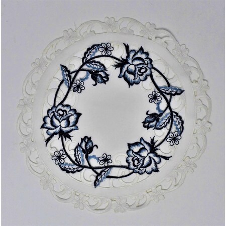 Sinobrite 24 in. Blue Rose on White Fabric Doily H8459-024