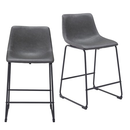 Homeroots Set of Two 24" Charcoal and Black Faux Leather and Steel Counter Height Bar Chairs, 2PK 555730