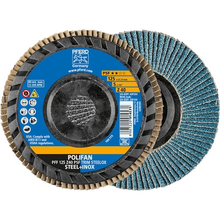 Pferd 5'' x 7/8'' A.H. POLIFAN Flap Disc - Z PSF TRIM STEELOX, Zirconia, 40 Grit, Flat 68104