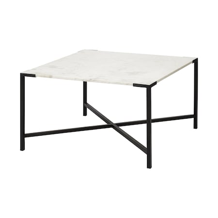 Homeroots 30" Black And White Genuine Marble and Metal Square Cross Legs Coffee Table 376279