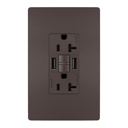 Legrand USB Receptacle, 20 A, Brown, Nylon 2097TRUSBAA