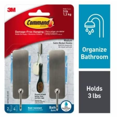 Command Medium Bath Hook, 3 lb, 1-Hook, Metal, Satin Nickel BATH43-SN-2ES