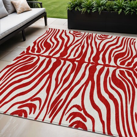 Homeroots 5' X 8' Red And Ivory Animal Print Washable Indoor Outdoor Area Rug 600649