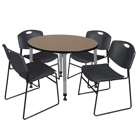 Regency Round Kee Adjustable Classroom Table W/ 4 Zeng Stack Chairs, 36 in W, 36 in L, Noble Oak TB36RNDNOAPGY44BK