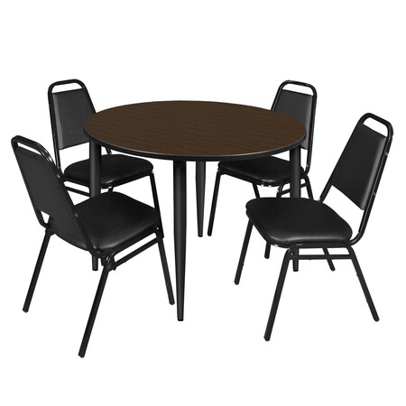 Regency Round Kahlo Breakroom Table W/ 4 Restaurant Stack Chairs, 48 in W, 48 in L, Neo Walnut TPL48RNDNWBK29BK