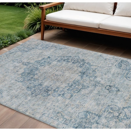 Homeroots 8' X 10' Blue Floral Medallion Washable Indoor Outdoor Area Rug 607899