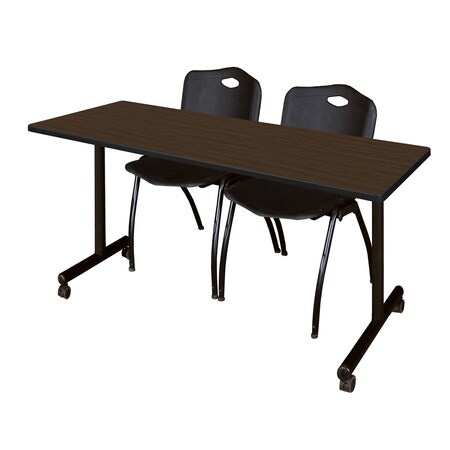 Regency Kobe Mobile T-Base Training Table W/ 2 M Stack Chairs, 72 in W, 24 in L, Neo Walnut MKTRCC7224NW47BK