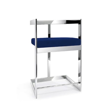 Homeroots 30" Blue and Silver Metal and Velvet Low Back Bar Height Bar Chair 555066