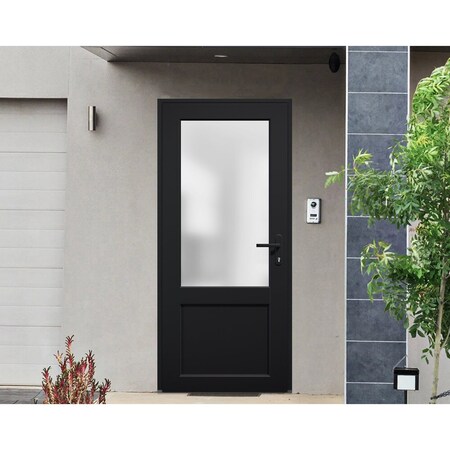 Vdomdoors Front Exterior Prehung FiberGlass Door Frosted Glass / Manux 8422 Matte Black / Office Commercial a MANUX8422EXD-BLK-W36 x H80-LH