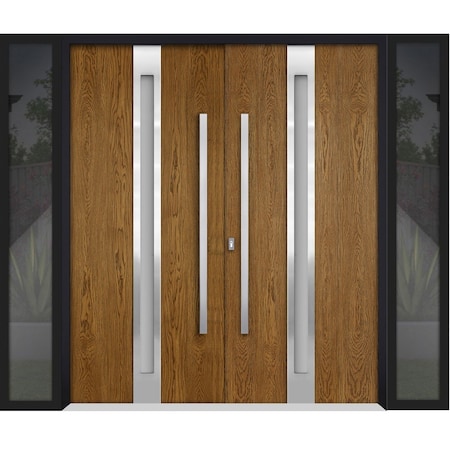 Vdomdoors Steel Double Doors Deux 1744 Natural Oak 2 Sidelight Exterior Black Windows Stainless Inserts Singl DEUX1744DEXD-OAKB-RH-W14+72+14 x H80