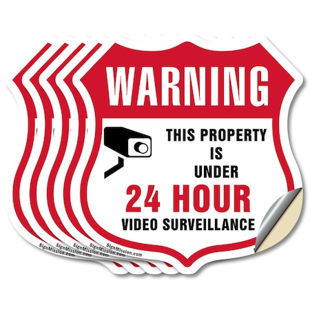 Signmission 24 Hour Surveillance Shield Sign Warning, 6 inch X 6 inch, Vinyl Decal, 5PK SHI-D-5PACK-6-347