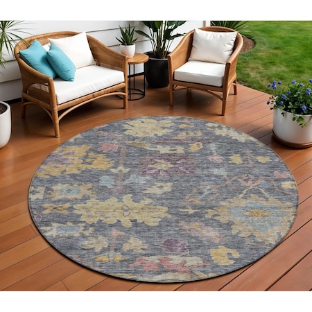 Homeroots 8' Blue Charcoal And Gold Round Floral Washable Indoor Outdoor Area Rug 604116