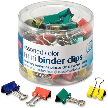 Officemate International Officemate Metal Mini Binder Clips, 1/4" Capacity, Assorted Colors, 60 Clips/Tub 31024