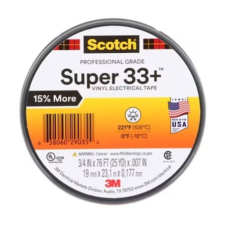 3M Scotch Super 33+ Vinyl Electrl Tape, 3/4 In X 76 Ft, 1" Core, 100PK 33+-3/4X76FT-1