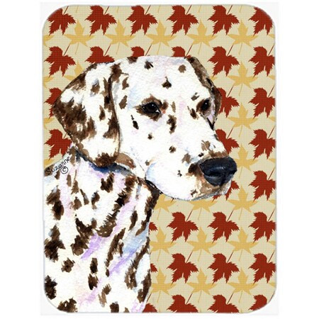 Carolines Treasures 12 x 15 in. Dalmatian Fall Leaves Portrait Glass Cutting Board- Large SS4387LCB