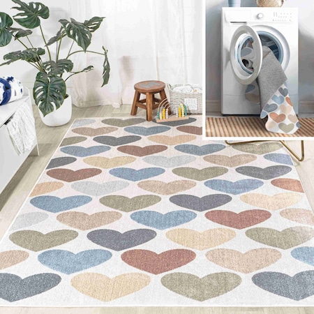 Jonathan Y Dila Modern Hearts Geometric Machine-Washable Ivory/Blue/Orange 5 ft. x 8 ft. Area Rug KDW101A-5