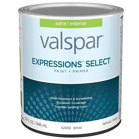 Valspar Expressions Select 4200 Latex Paint, Acrylic Base, Satin Sheen, White Base, 1 qt 028.0042000.005