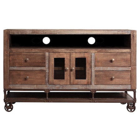 Homeroots 62" Brown Solid Wood Cabinet Enclosed Storage Distressed TV Stand 528715