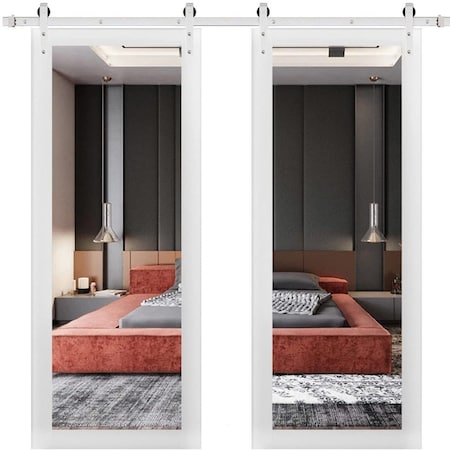 Sartodoors Sturdy Double Barn Door with Mirror, Lucia 1299 White Silk, 13FT Silver Rail Hangers Heavy Set, S LUCIA1299DB-S-WS-6096