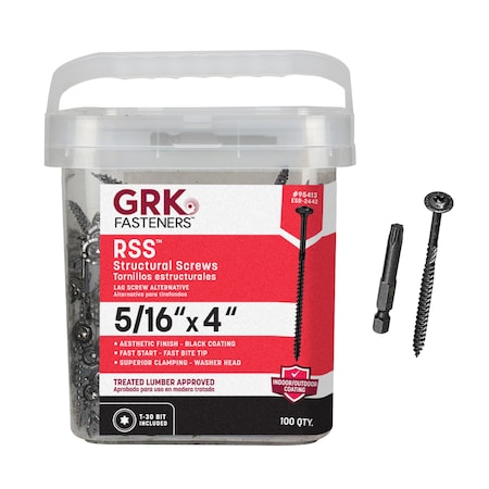 Grk Fasteners 5/16 x 4 in Rust Resistant Climatek Coating, Decking Screws, Star Drive, w/T-30 Bit, Black, 100PK 95413