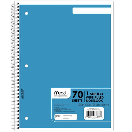 Mead Spiral Notebook, 1 Subject, WR, 70 Shts,  05510AY7