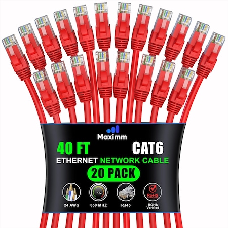 Maximm Cat6 Ethernet Cable 40ft 10Gbps 550MHz UTP, 20PK, Red, 20PK CAT6CCA-40RD20PK