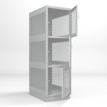 Pucel Heavy Duty Storage Locker, 24 in W x 36 in D x 74 in H, 4 in Base, Three Door, Ventilated, Gray DLCU-2436-3-PERF-B