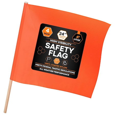 Xpose Safety Orange Safety Flags, 18x18 in with 24 in Wood Staff, Warning/Wide Load Flags, 4-Pack, 4PK WF24-18-4-X