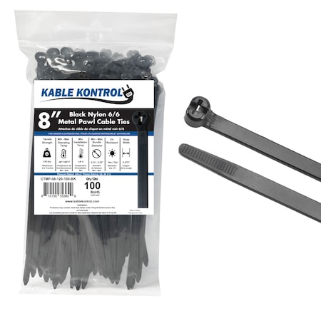 Kable Kontrol Metal Pawl Cable Ties, 8 in L, 2.25 in Max Bundle Dia., Black, Nylon 6-6 + Stainless Steel, 100 PK ctmp-08-120-100-bk