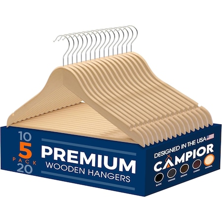 Campior Natural Wooden Hangers, Heavy-Duty with 360 Deg Swivel Hook, Non-Slip, Pants Bar, 5PK CMPWH5NL