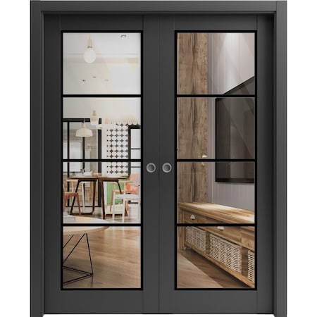 Sartodoors Sliding Double Pocket Door Clear Glass, Lucia 2466 Matte Black and Aluminum Strips, Kit Trims Rail LUCIA2466DP-BLK-48 x 80 (2* 24x80)