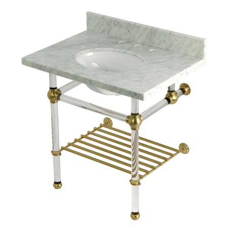 Kingston Brass 30-Inch Carrara Marble Console Sink with Acrylic Legs and Shelf, 8-Inch, 3-Hole KVPB3030MAB7