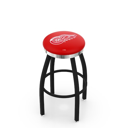 Holland Bar Stool Co 36" Blk Wrinkle Detroit Red Wings Swivel Bar Stool, Chrome Ring L8B2C36DetRed