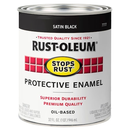 Rust-Oleum Brush Paint, Satin, Alkyd/Oil Base, Black (450 Voc), Quart 7777502