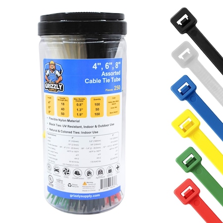 Grizzly Supply Cable Tie Tubes Assortment, 4 in, 6 in, 8 in L, 18 to 50lb Strength, Nylon, Assorted Colors, 250PK GS-T4x6x8-V1-CCL