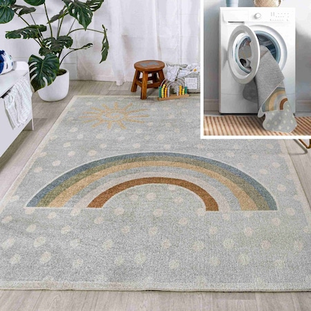 Jonathan Y Minha Rainbow Dot Modern Machine-Washable Gray/Ivory/Yellow 3 ft. x 5 ft. Area Rug KDW102A-3