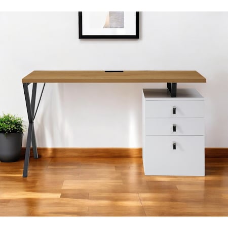 Homeroots 55" Natural and Black Wood and Metal Writing Desk With Three Drawers 543793