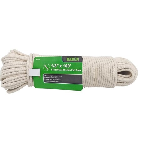 Baron Rope, 1/8 in Dia, 100 ft L, 18 lb Working Load, Cotton, White 14200
