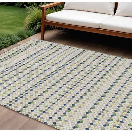 Homeroots 9' X 12' Linen And Lime Green Striped Washable Indoor Outdoor Area Rug 610538