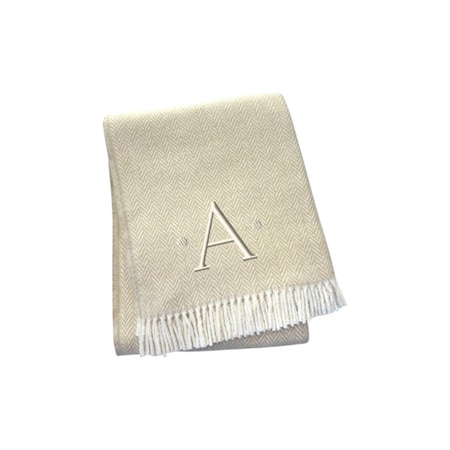 Homeroots 55" X 70" Linen White Herringbone Cotton Blend A Initial Throw Blanket with Tassels Embroidery 680604