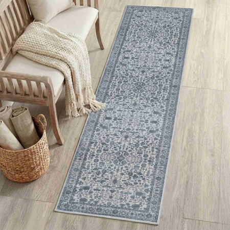 Jonathan Y Subtlety Medallion All-Over Floral Border Non-Slip Machine-Washable Blue/Ivory 2ft x 8ft Runner Rug WSH504G-28