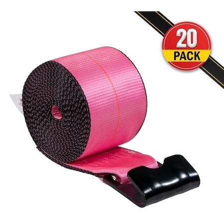 Mytee Products 4in x 30ft Pink Winch Straps with Flat Hooks 5400 lbs WLL Tie Down Straps, 20PK WS430Px20