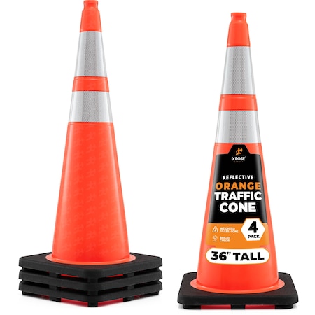 Xpose Safety Traffic Safety Cone, 36 in, PVC, Dual 6 in & 4 in Reflective Collar, DOT Approved, Orange, 4 pk OTC36-64-4-X-S