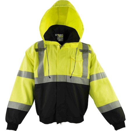 Ironwear Class 3 Hi Vis Flame Resistant Bomber Jacket with Tuckaway Hood, Lime/Black, 2X-Large 6415FR-LB-2XL