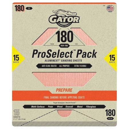 Gator Sanding Sheet, 11 in L, 9 in W, Fine, 180 Grit, Aluminum Oxide Abrasive 7287