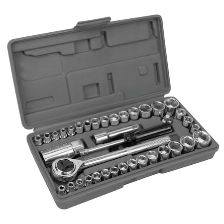 Performance Tool 40 pc. Socket Set, 1/4 in. Dr. 3/8 in. Dr. Ratchet Extension Case W1173